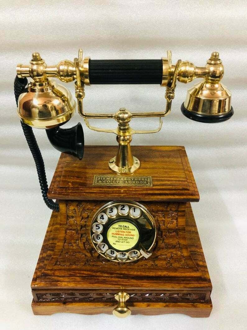 Antique Brass Victorian Rotary Dial Telephone Maharaja Wooden Etching Phone