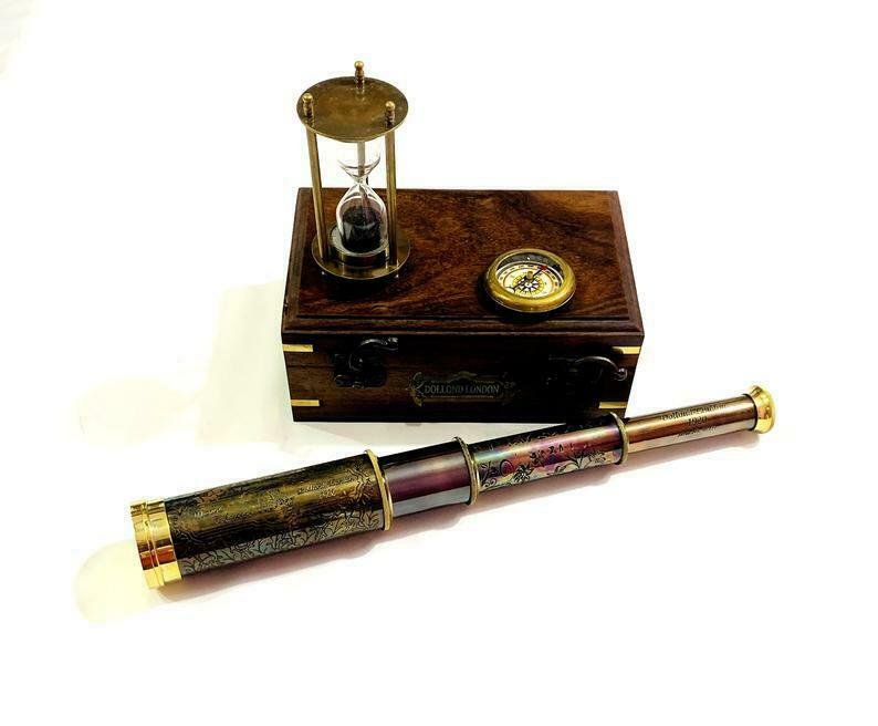 Nautical Brass Telescope with Hourglass & Pocket Compass in Wooden Box-Gift Set