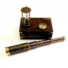 Nautical Brass Telescope with Hourglass & Pocket Compass in Wooden Box-Gift Set