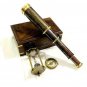 Nautical Brass Telescope with Hourglass & Pocket Compass in Wooden Box-Gift Set
