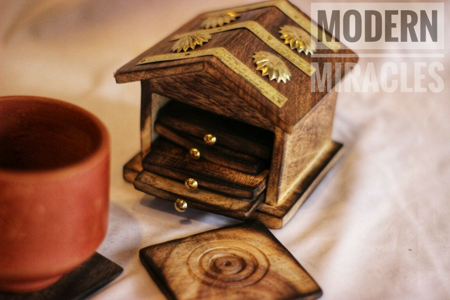 Set of 2 Wooden & Brass Hut Shape Designer Handmade Coaster Set Home Decor Gift Item
