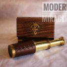 Vintage Mini Spyglass Brass Telescope BrownLeather Cover with Wooden Box