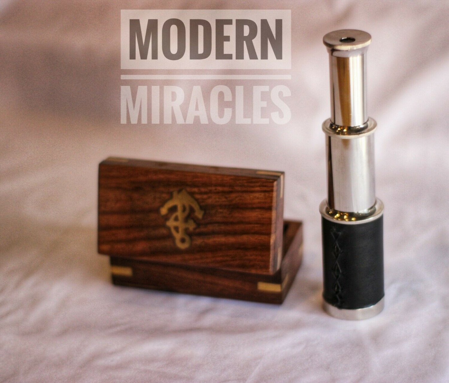 Vintage Mini Spyglass Brass Telescope Leather Cover with Wooden Box