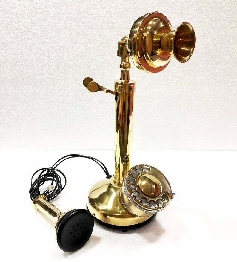 Gold Brass American Landline Telephone Vintage Look Rotary Dial Candlestick