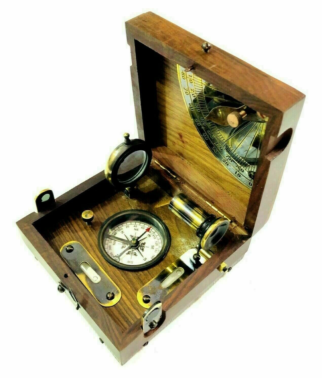 Antique Brass Marine Master Box & Nautical Compass Telescope Magnifying Glass