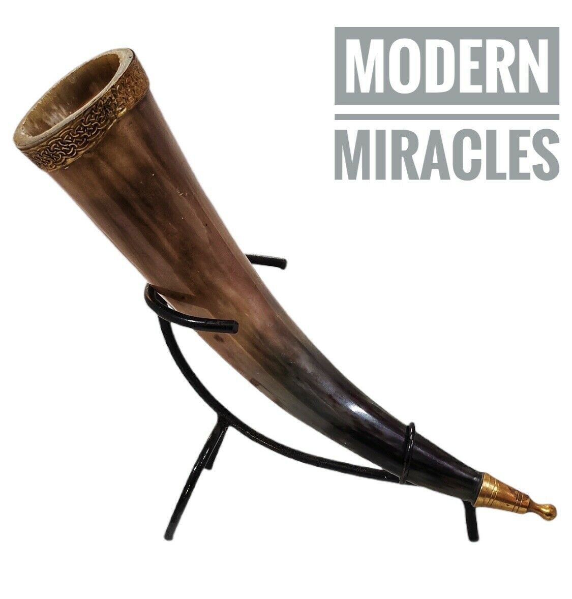 Viking Drinking Horn with Stand for Beer Wine, Natural Polished Drinking Mug