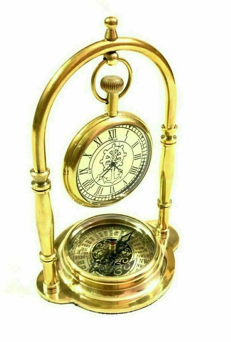 Antique Nautical Victorian London Brass Table Top Decor Clock with Compass