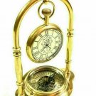 Antique Nautical Victorian London Brass Table Top Decor Clock with Compass