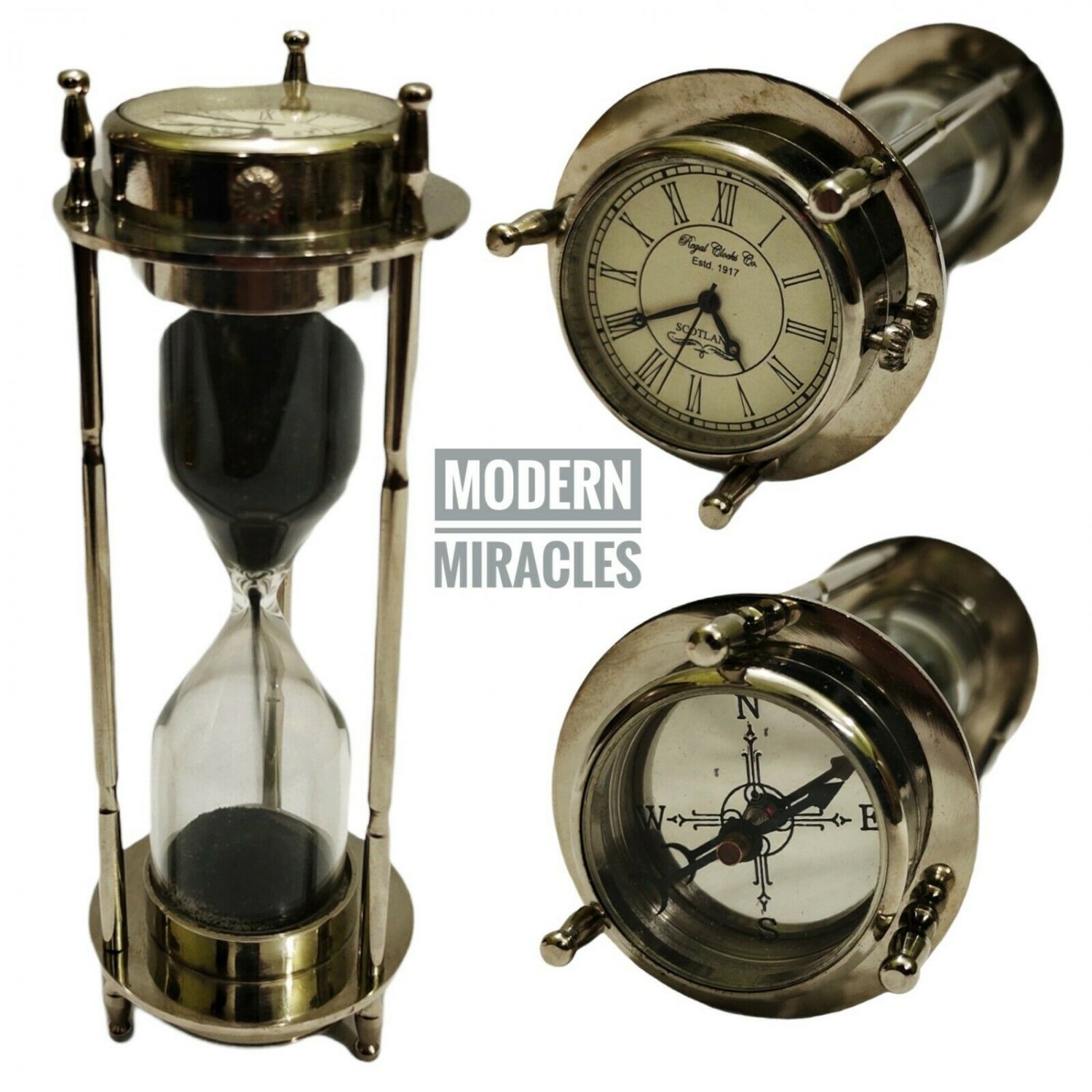 Antique Nautical Classic 3 Min Sand Timer Hourglass with Compass and Clock Gift