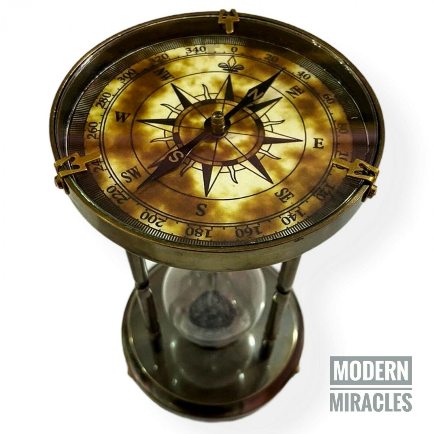 Antique Brass Sand Timer Vintage Nautical Decorative Hourglass with Compass