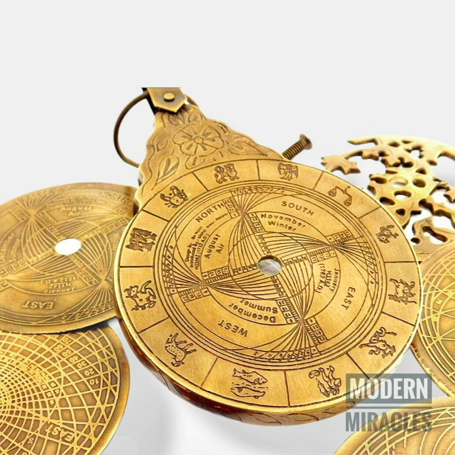 Antique Finish English Arabic Calendar Navigation Astrolobe Globe Astrological