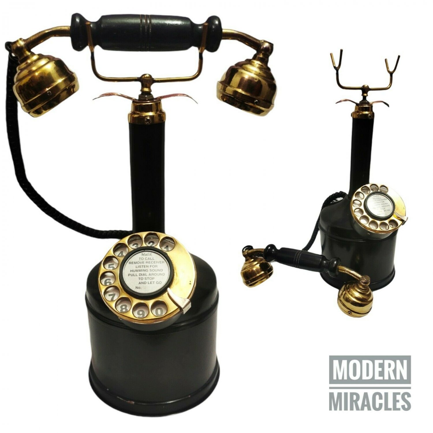 Antique Black Coated Rotary Dial Long Brass Telephone Vintage Barrel Style Decor