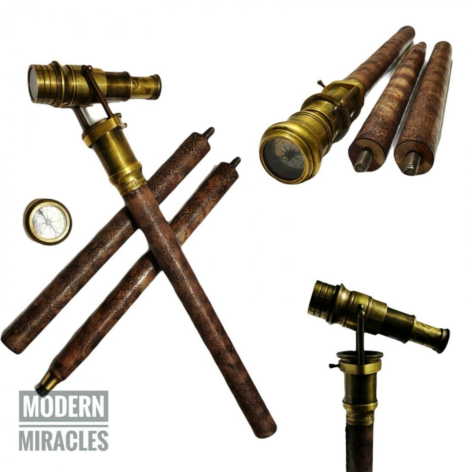 Brass Hidden Telescope with Compass on Top Walking Stick Leather Engraved Canes