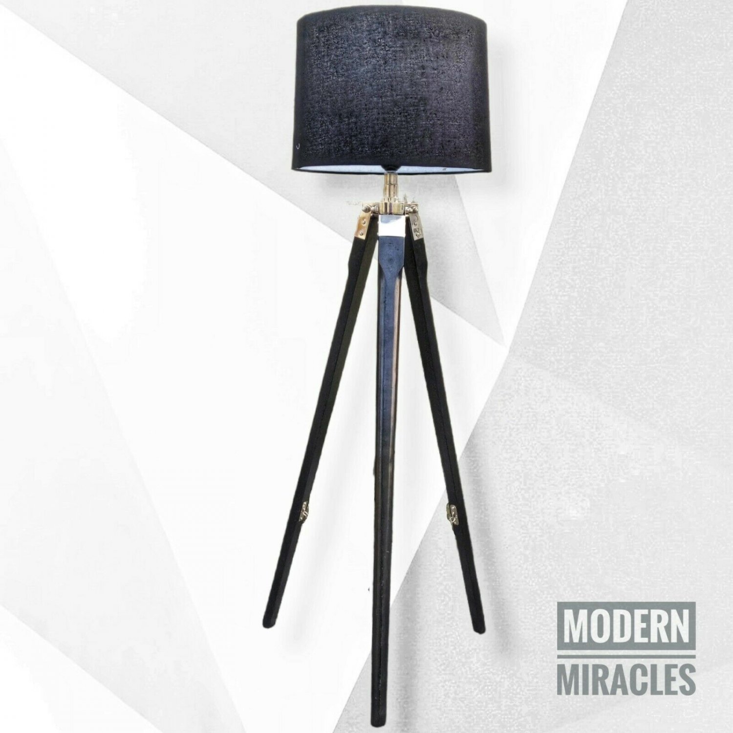 Antique Floor Lamp with Black Wooden Tripod Stand with Black Shade Home Decor