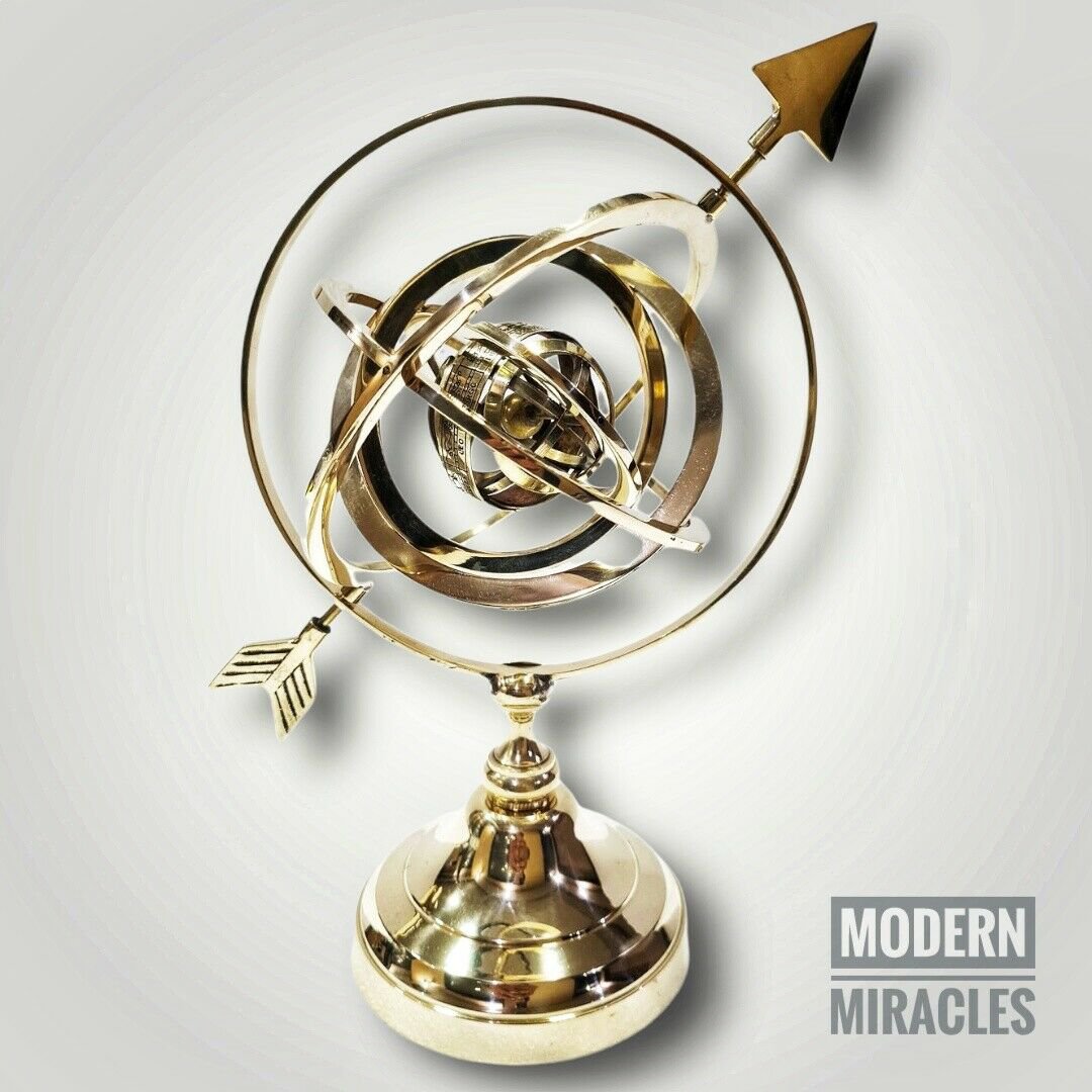 Vintage Nautical Shiny Brass Armillary Sphere World Globe Metal Base Office Gift
