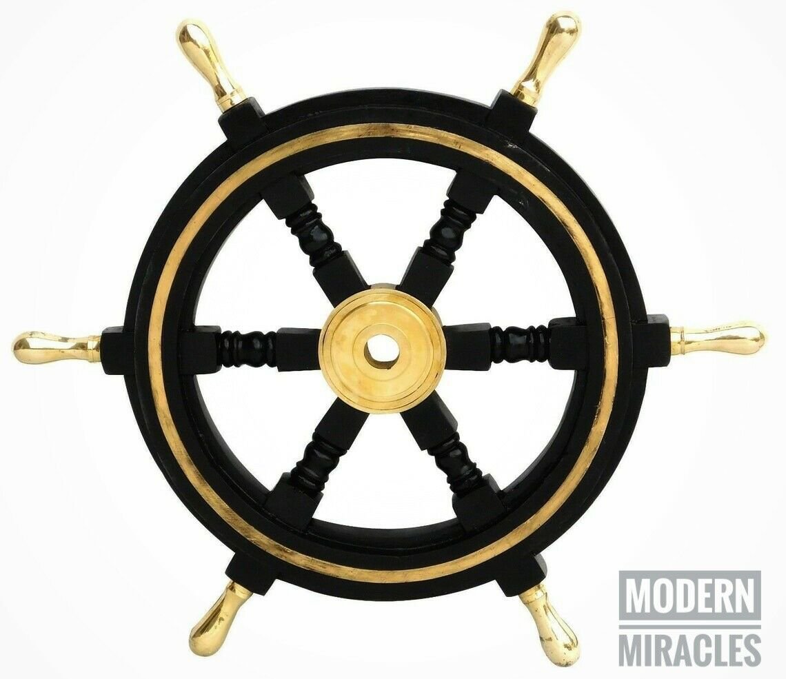 18" Black Wooden Ship's Steering Wheel with Brass Handle Wall Decor Gift
