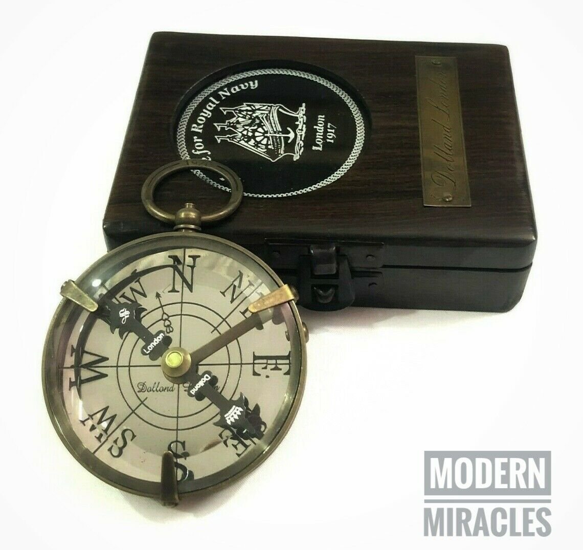 Handmade DOLLOND LONDON Antique Maritime Brass Pocket Compass with Wooden Box