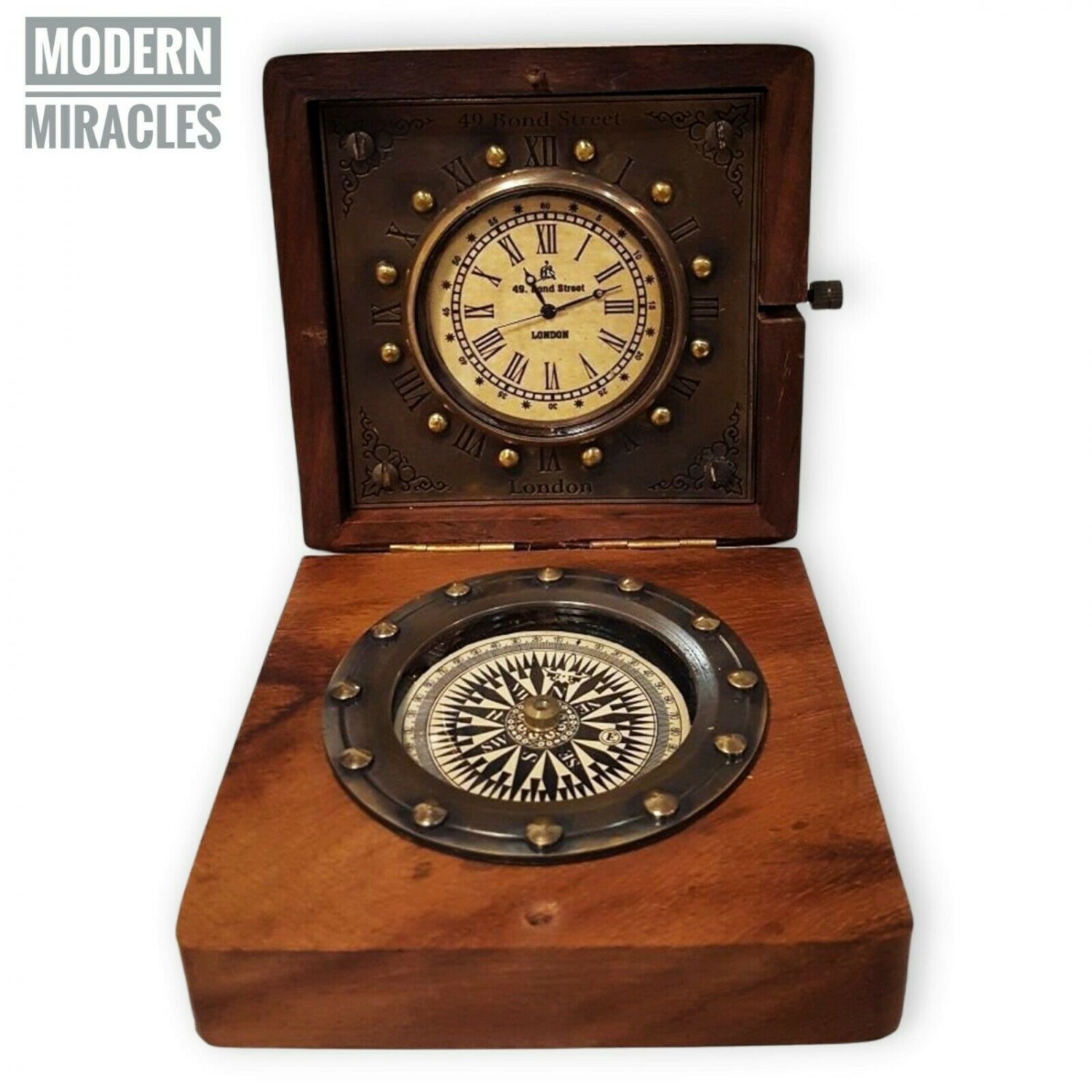 Nautical Brass Compass in Wooden Box With Clock Vintage Antique Table Decor Item