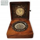 Nautical Brass Compass in Wooden Box With Clock Vintage Antique Table Decor Item