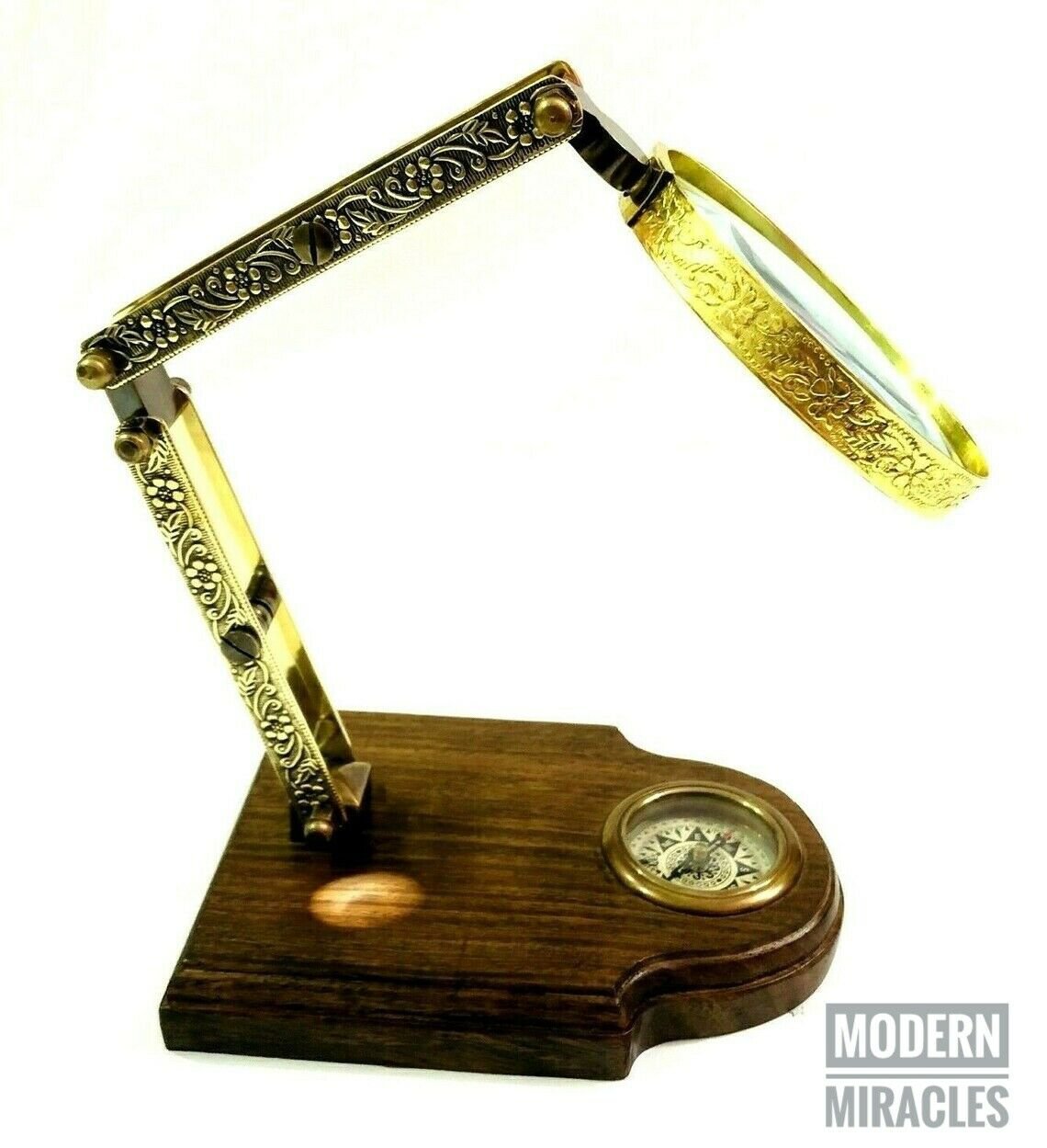 Maritime Brass Magnifying Glass on Wooden Base with Compass Nautical Decor Item