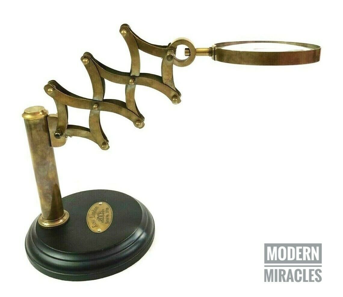 Brass Chainer Magnifying Reading Glass on Wooden Base Nautical Desk Decor Gift