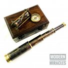 Antique Brass Telescope with Sand Timer & Compass in Wooden Box Gift Set of 3