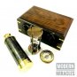 Antique Brass Telescope with Sand Timer & Compass in Wooden Box Gift Set of 3