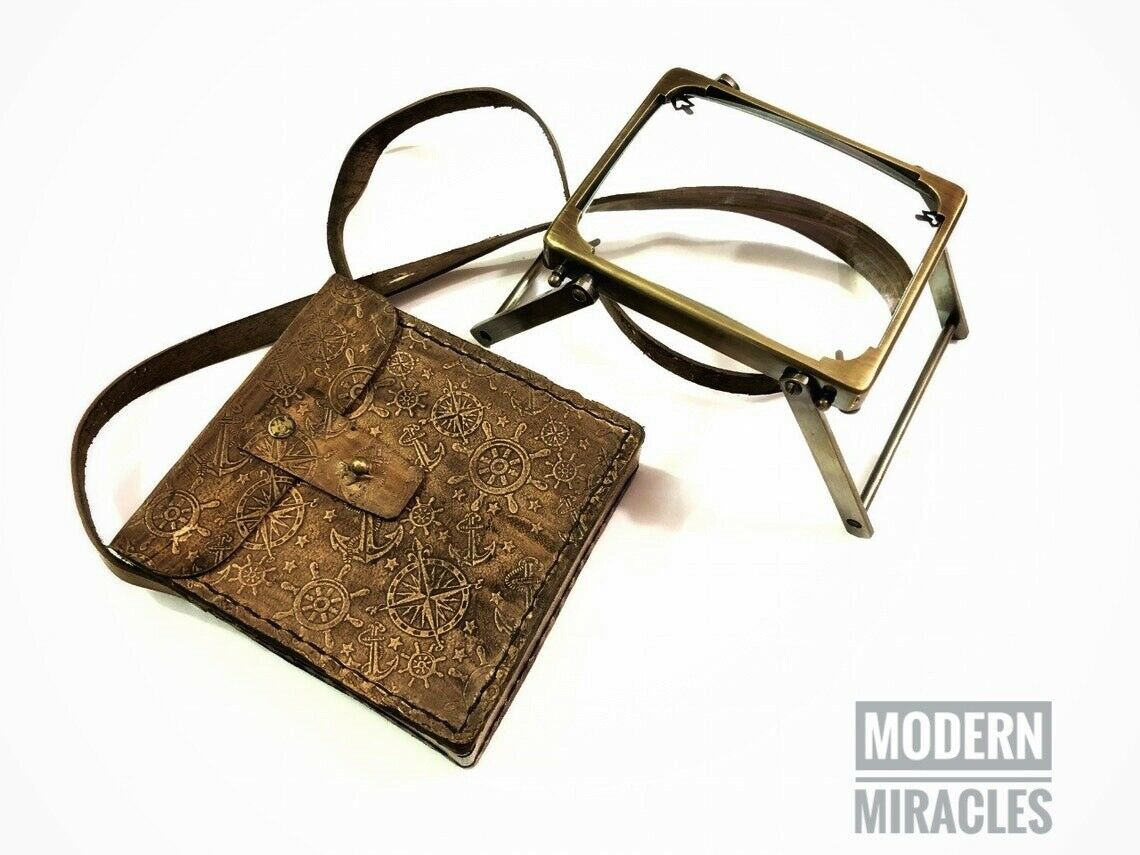 Vintage Desktop Rectangular Brass Magnifying Glass Nautical with Leather Cover