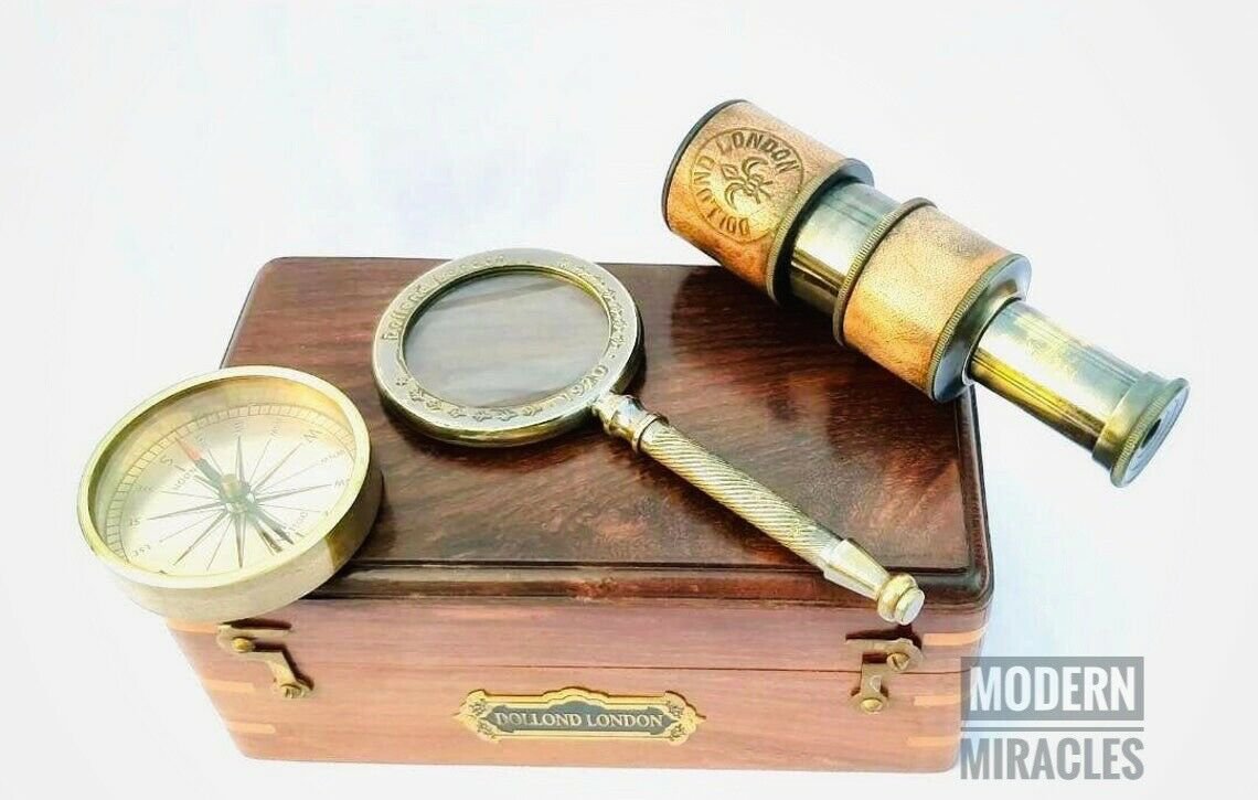 Nautical Antique Set Of 3 Brass Telescope Hand Held Magnifying Lens & Compass