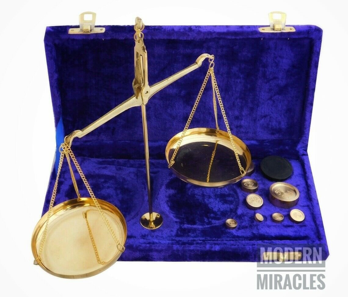 Decor Antique Brass Jewellery Balance Scale with Velvet Box & Complete Weight