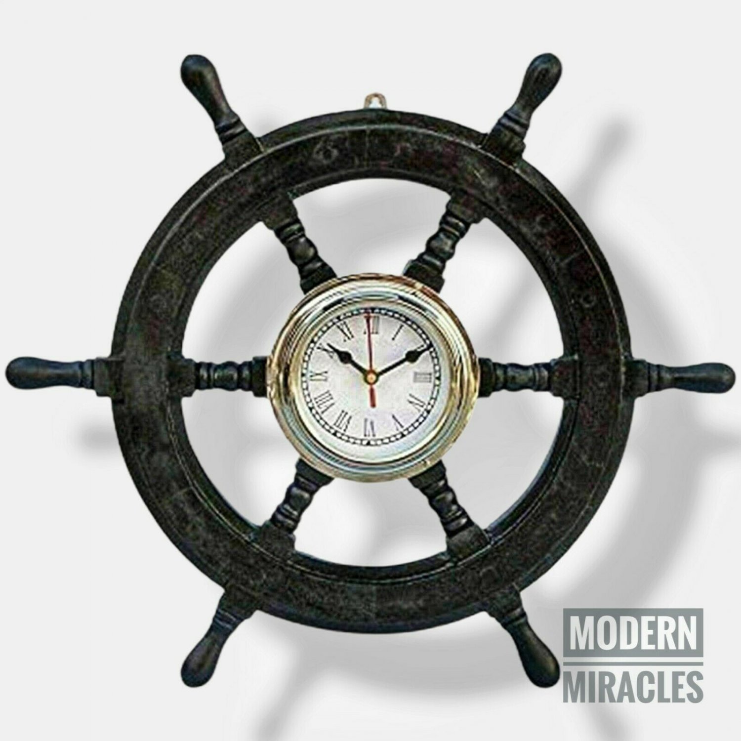 Antique Nautical Deluxe Class Dark Wood and Chrome Pirate Ship Wheel Clock Gift