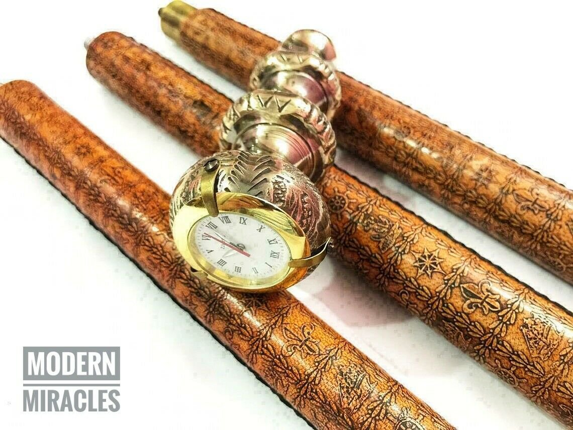 Antique Brass Twist Handle Leather Engraved Walking Stick with Clock on Top Gift