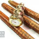 Antique Brass Twist Handle Leather Engraved Walking Stick with Clock on Top Gift