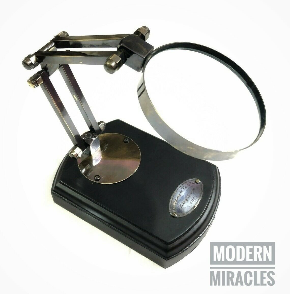 Nautical Brass Magnifying Glass on Black Wooden Base Antique Reading Magnifier