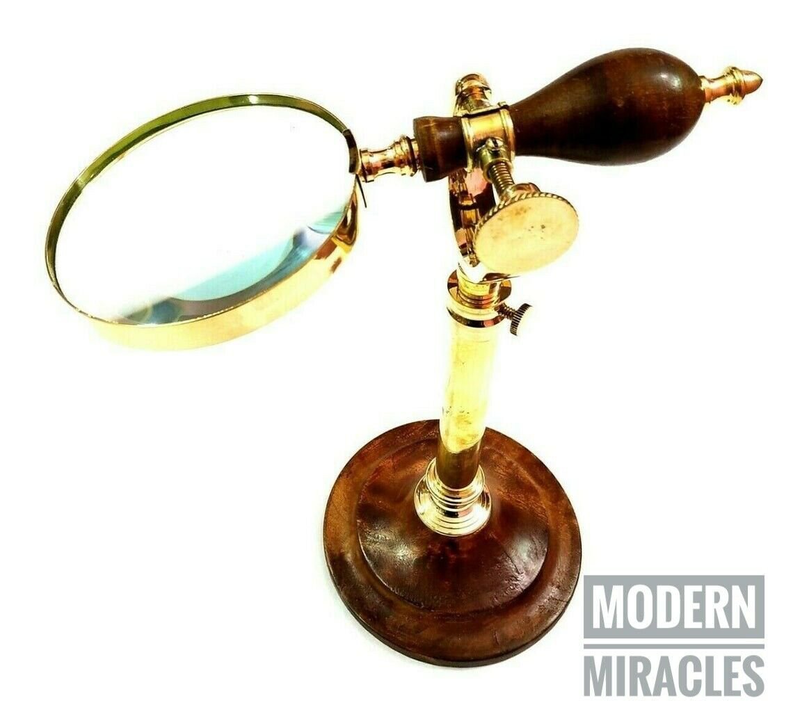 Vintage Brass Handheld Magnifying Glass on Wooden Base Nautical Decor Magnifier