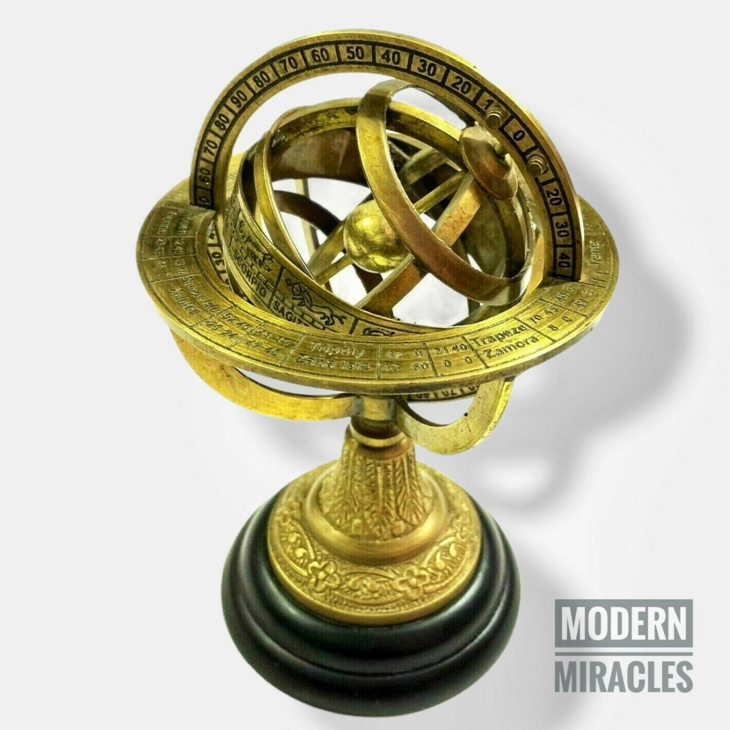 8" Antique Brass Armillary Sphere Globe Engraved on Wooden Base Nautical Decor