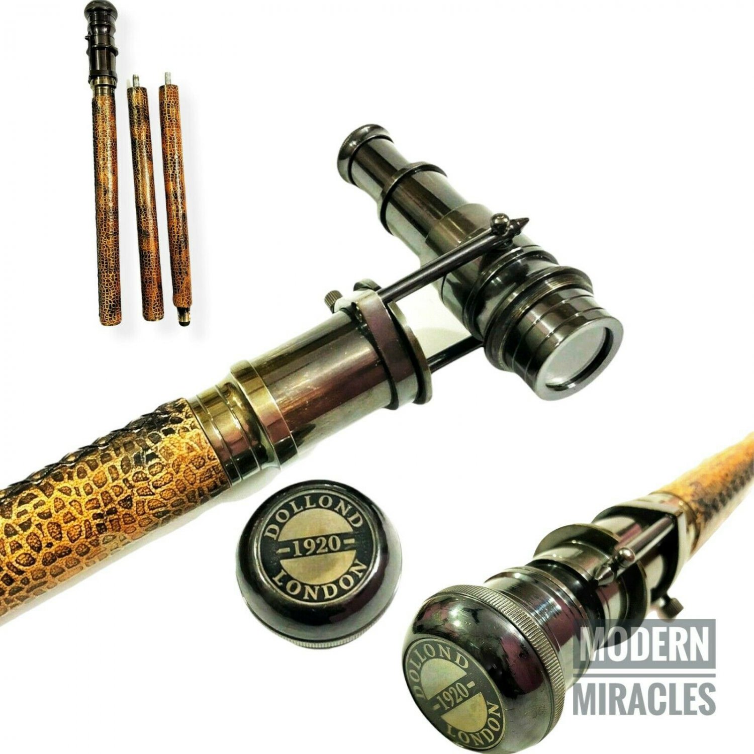 Antique Brass Hidden Telescope on Top Walking Stick Leather Engraved Canes Gift