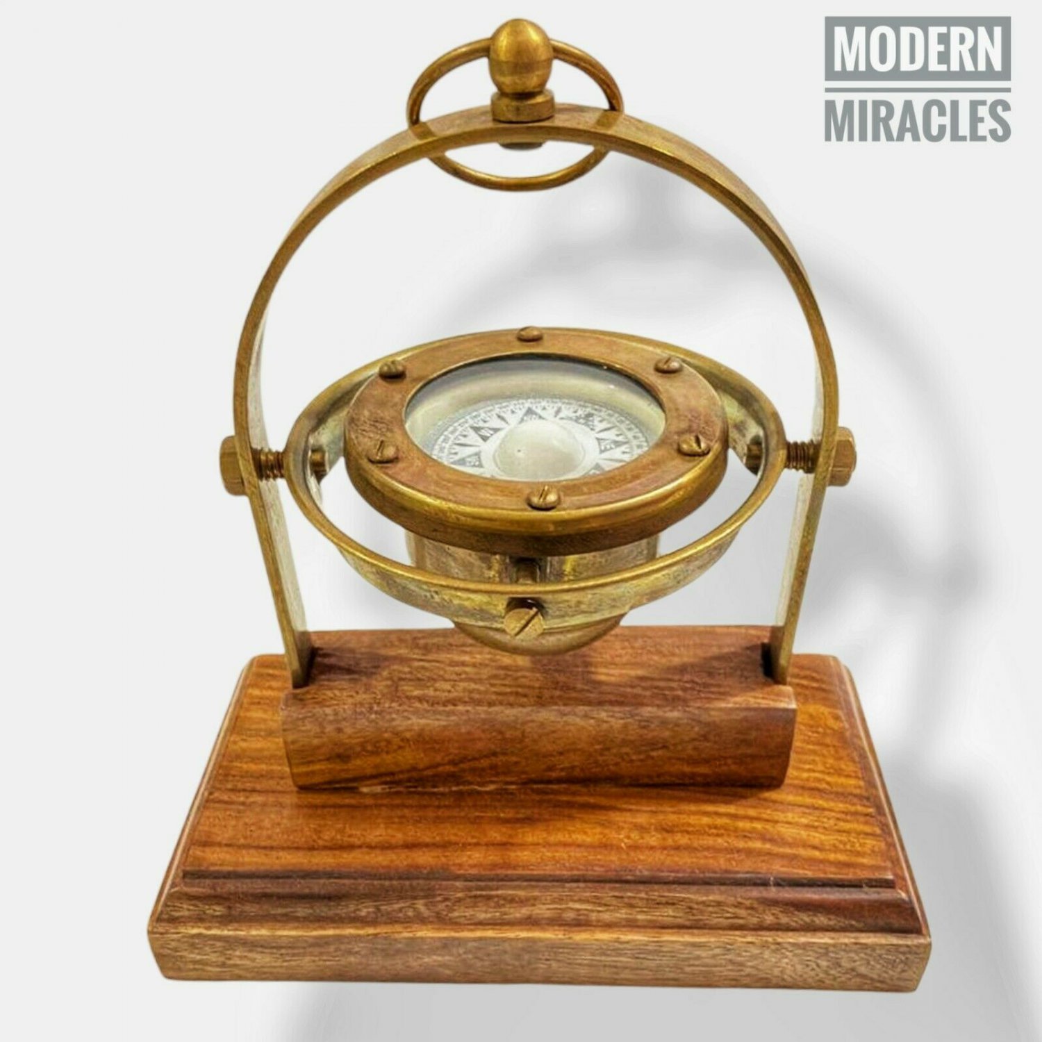 Gimbled Brass Compass Nautical brass Compass on Wooden Base Marine Ship Compass