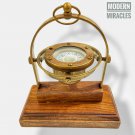 Gimbled Brass Compass Nautical brass Compass on Wooden Base Marine Ship Compass
