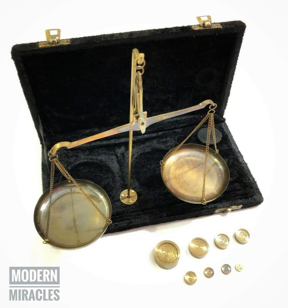 Brass Antique Finish Jewelry Balance Scale with Velvet Box & Complete Weight