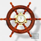 18" Wooden Ship's Steering Wheel with Brass Porthole Clock Nautical Home Decor