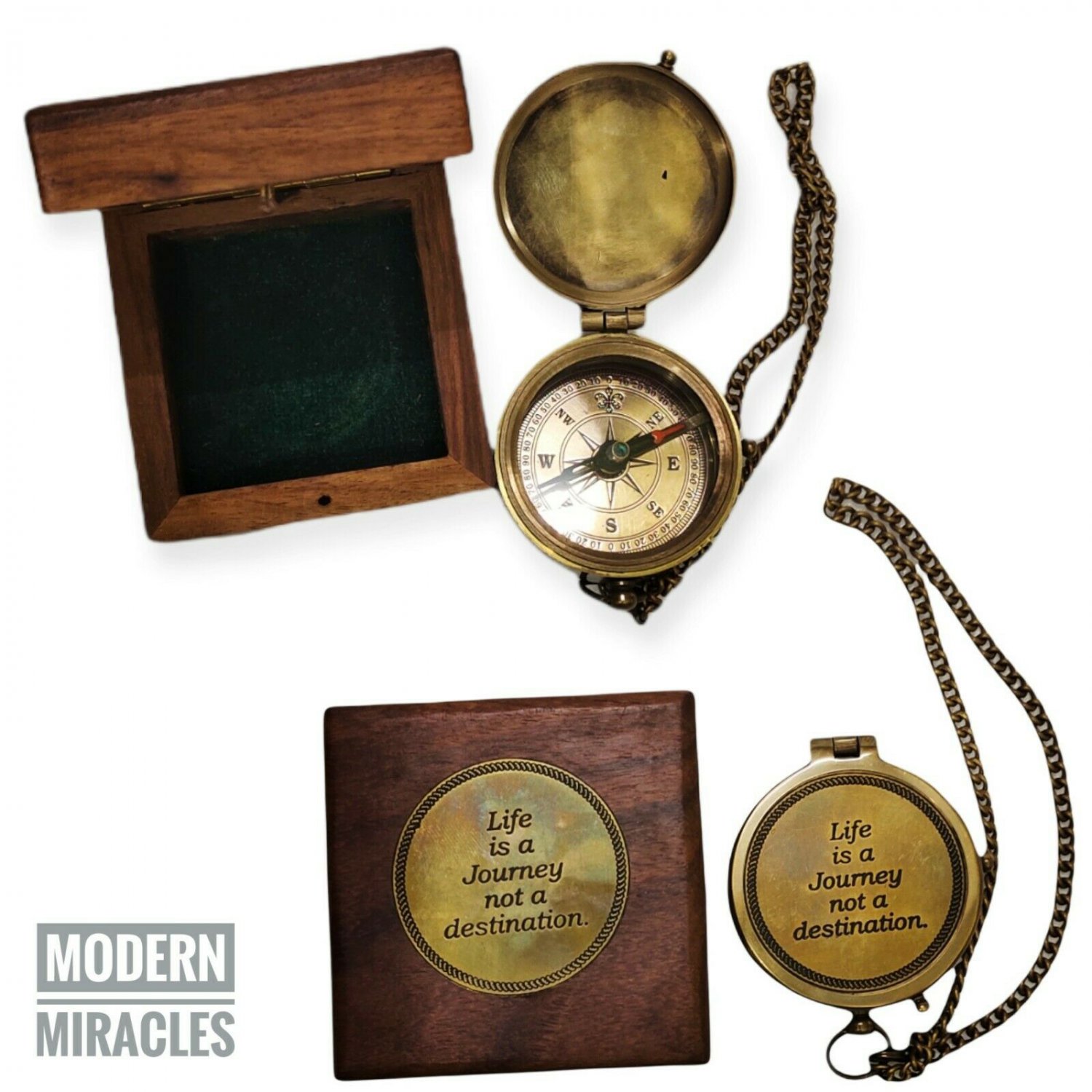 Vintage Antique Solid Brass Mini Pocket Compass With Wooden Box Gift Christmas