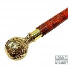 Antique Designer Brass Victorian Style Wooden Brown Leather Walking Cane Stick