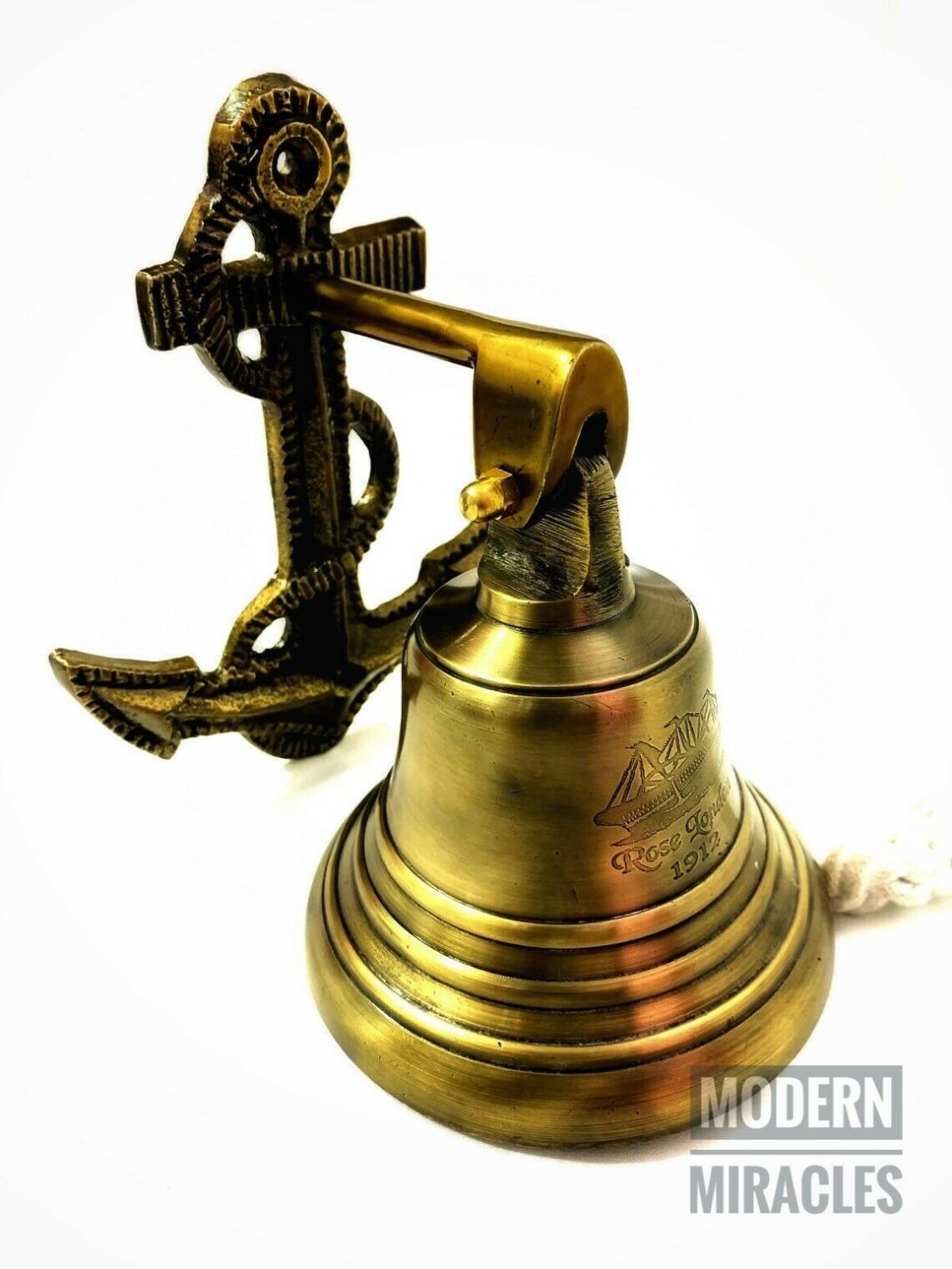 Nautical Maritime Anchor Ship Bell with Rope Lanyard Antique Finish