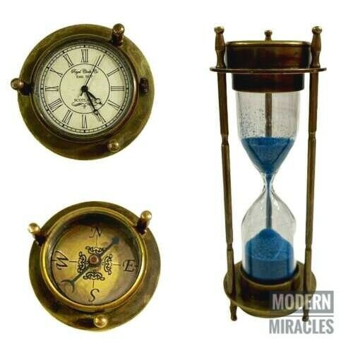 Antique Finish Brass Hourglass with Compass & Analog Clock on Top Nautical Decor