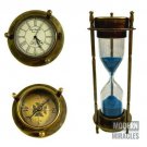 Antique Finish Brass Hourglass with Compass & Analog Clock on Top Nautical Decor