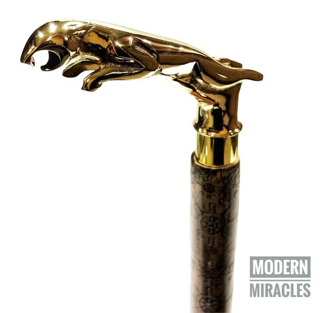 Wooden Walking Stick Brass Jaguar Handle Cane Leather Walking Stick Cane Gift