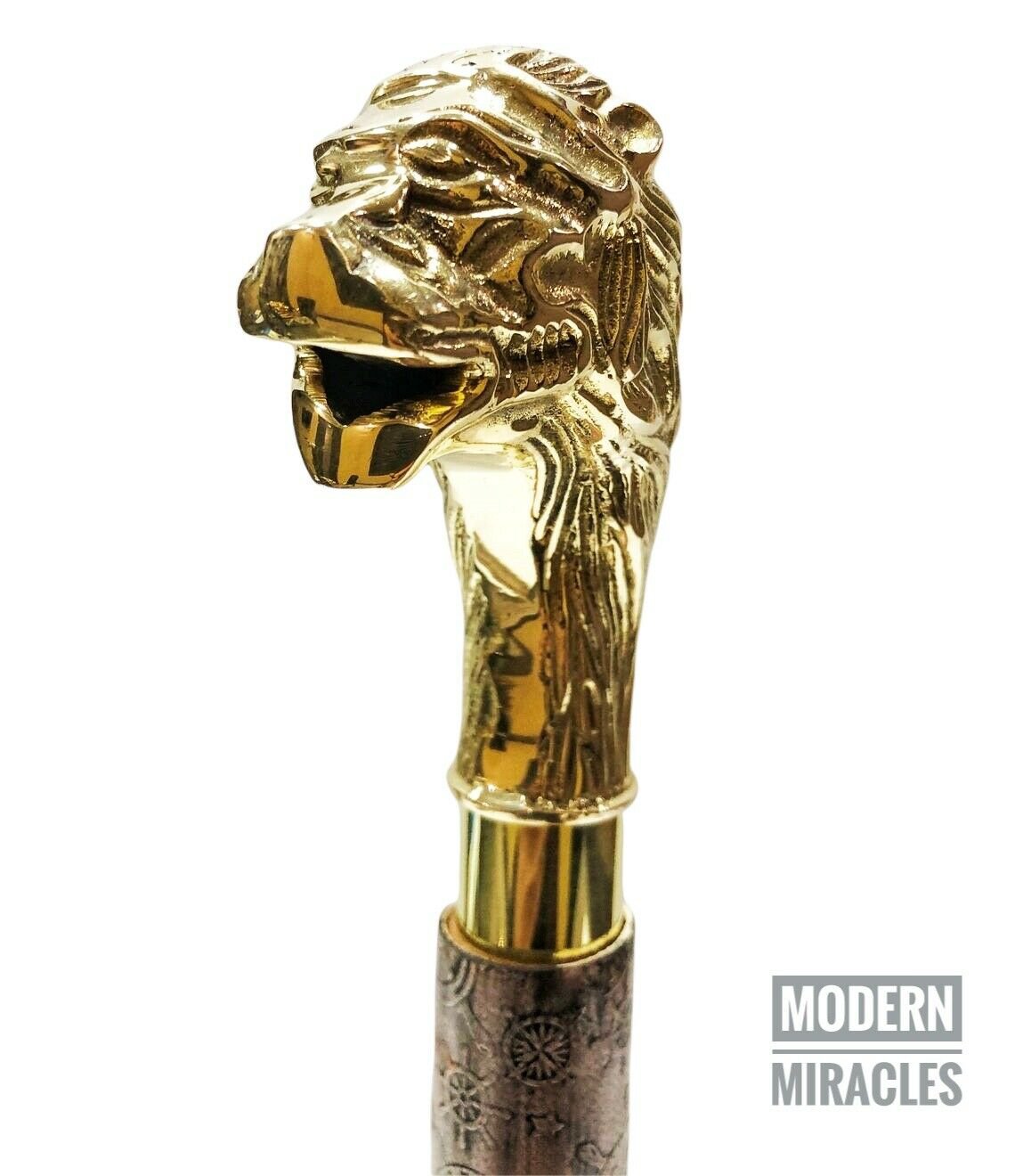 Brass Handle Wooden Lion Folding Compaq Walking Stick Design Brown Leather Cane