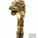 Brass Handle Wooden Lion Folding Compaq Walking Stick Design Brown Leather Cane