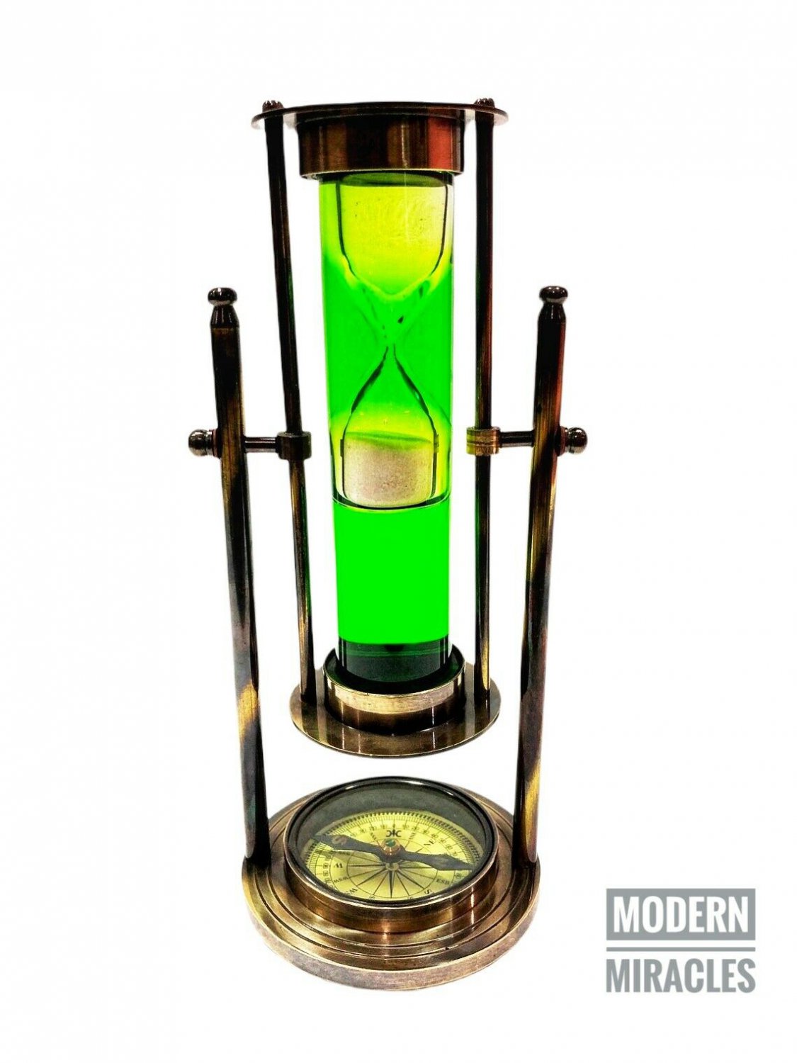 Vintage Revolving Green Liquid White Sand Timer 9" Antique Brass with Compass